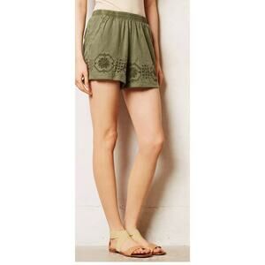 Anthropologie Mermaid Olive Green Embroidered Linen Blend Shorts Women Medium